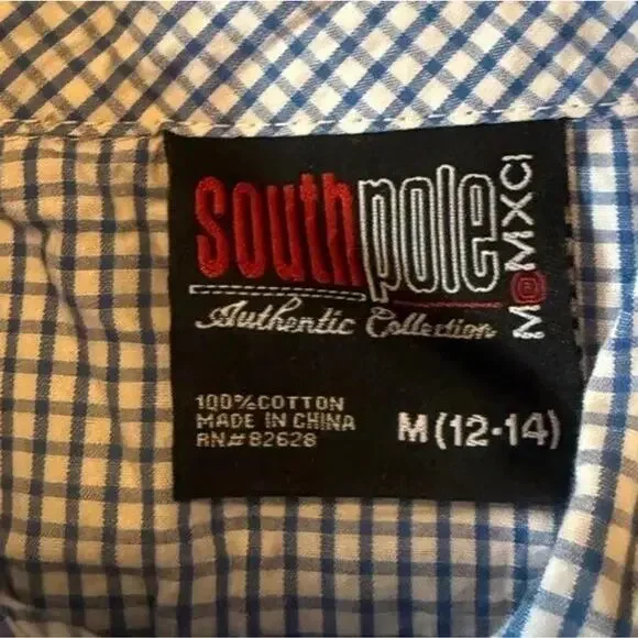 Southpole Casual Shirt Mens Medium Blue White Check Pockets Collared Button Down - Picture 4 of 5